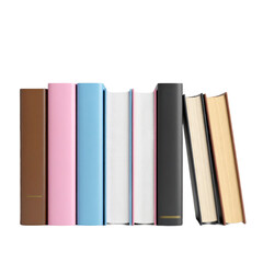 A row of seven hardcover books standing upright, featuring covers in brown, pink, blue, black, and beige, with some books slightly open or leaning