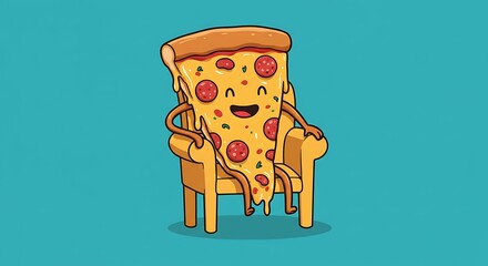Cartoon pizza slice relaxing in armchair vector graphic illustration