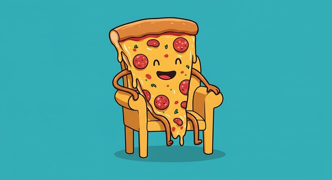 Cartoon pizza slice relaxing in armchair vector graphic illustration