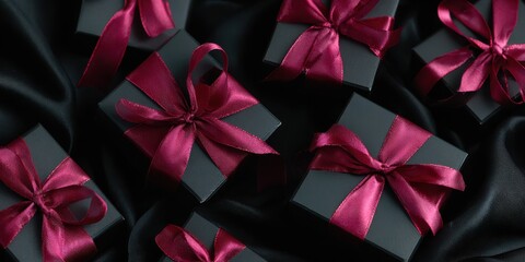Black Friday Flat Lay with Gift Boxes and Red Ribbons