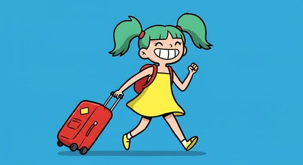Cartoon girl pulling suitcase ready for travel adventure and vacation