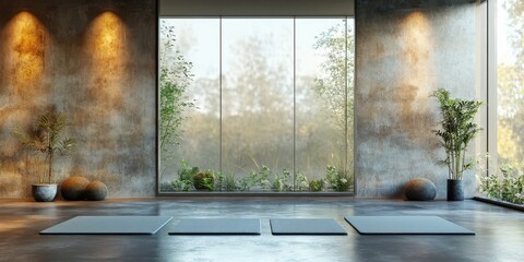 Serene yoga studio with mats and natural light in a peaceful setting surrounded by greenery