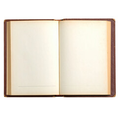 Open vintage book with blank, aged cream-colored pages and a brown leather cover, showcasing an antique, unused notebook or journal