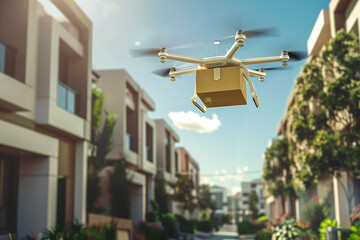 Autonomous drone delivering package over suburban area.