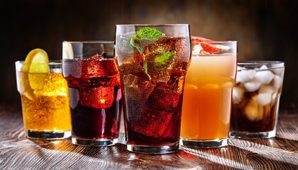 a variety of soft drinks in glasses on the wooden table