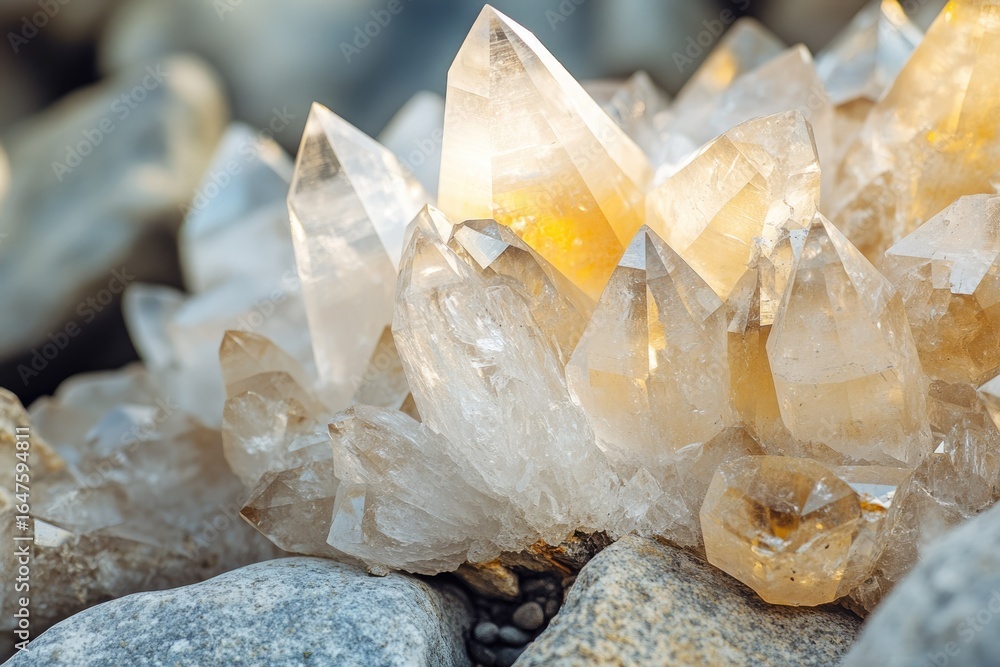 Poster a cluster of translucent quartz crystals with sharp points, resting on grey rocks, illuminated by su
