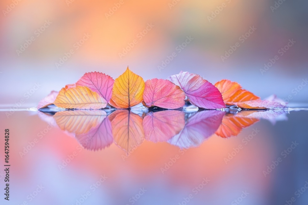 Poster autumn leaves float on calm water, creating a serene and colorful reflection.