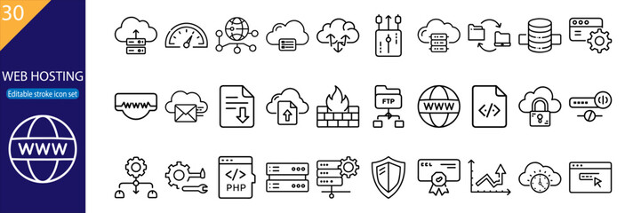 30 Web Hosting Vector Icons - Icon Set, Minimal Line Pack UI/UX Design