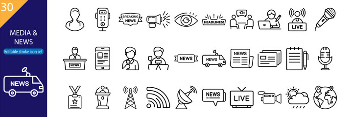 30 Media and News Vector Icons – Minimal Line Pack