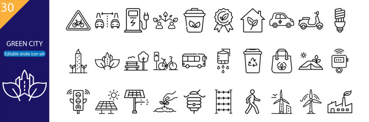 30 Green City Vector Icons – Minimal Line Pack