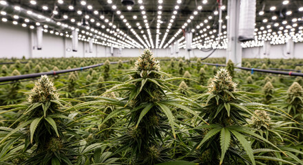 Naklejka premium Rows of flowering cannabis plants in indoor farm under LED lights, for medicinal or recreational use.