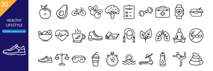 30 Healthy Lifestyle Vector Icon Set - Minimal Line Pack
