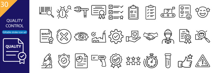 30 Quality Contol Vector Icons – Minimal Line Pack for Adobe Stock