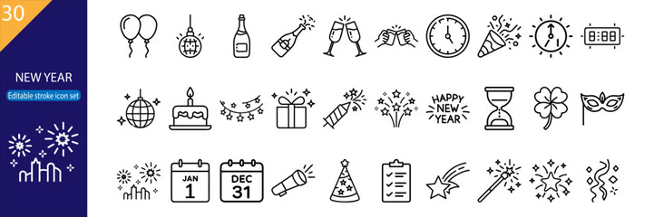 New Year 30 Vector Icons - Festive Line Icon Set