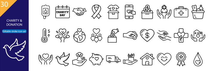 30 Charity and Donation Vector Icons Set – Minimal Line Pack