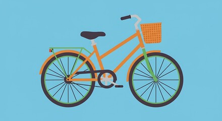 Fototapeta premium Stylized orange bicycle with front basket isolated on light blue
