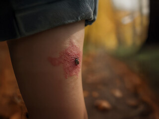 Macro view of tick bite rash on dark-skinned leg showing early Lyme disease symptoms, skin irritation, red circle, and insect bite effects.