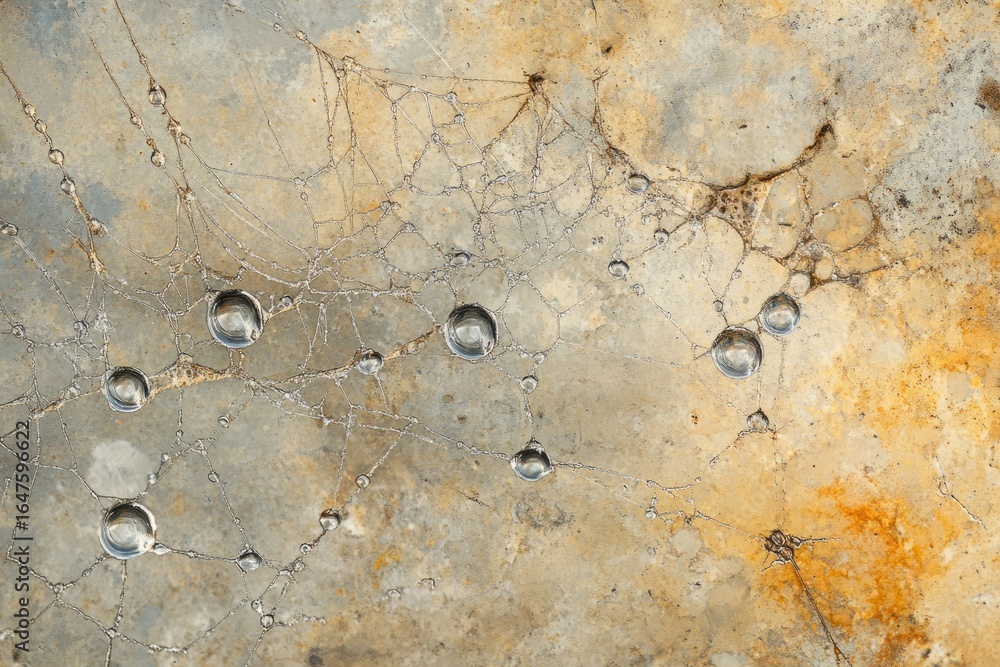 Poster dewdrops clinging to a spiderweb on a textured, weathered surface, creating a delicate, abstract ima
