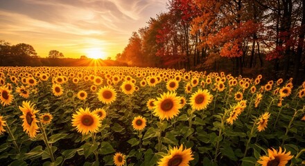 A beautiful field of sunflowers blooming at sunset. Golden hour light over a vibrant agricultural landscape with autumn trees in the background.