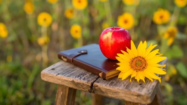 Autumn still life, book, sunflower and apple on wooden stool in sunflower field