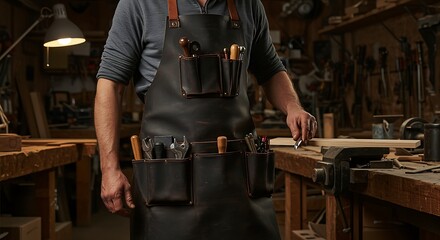 A skilled craftsman wearing a leather apron with tools in a woodworking workshop creates a piece of art