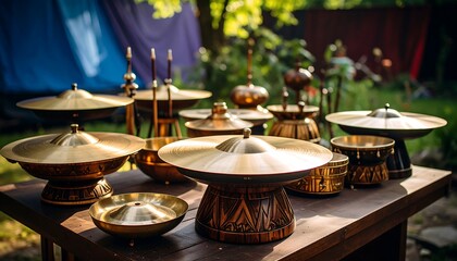 Handcrafted musical instruments displayed outdoors
