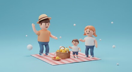 Cartoon family enjoying picnic with fruit