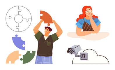 Man assembling puzzle pieces, woman in thoughtful pose, and cloud-linked surveillance camera. Ideal for problem-solving, creativity, decision-making, critical thinking, analytics, security teamwork