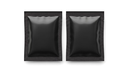 Two blank black foil sachets isolated on white background with shadow
