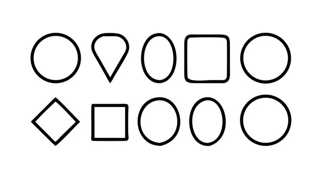 Illustration of ten geometric shapes including circles squares ovals and a diamond outline design