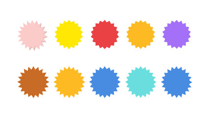 Ten colorful starburst shapes arranged in two rows on a white background in a simple flat style