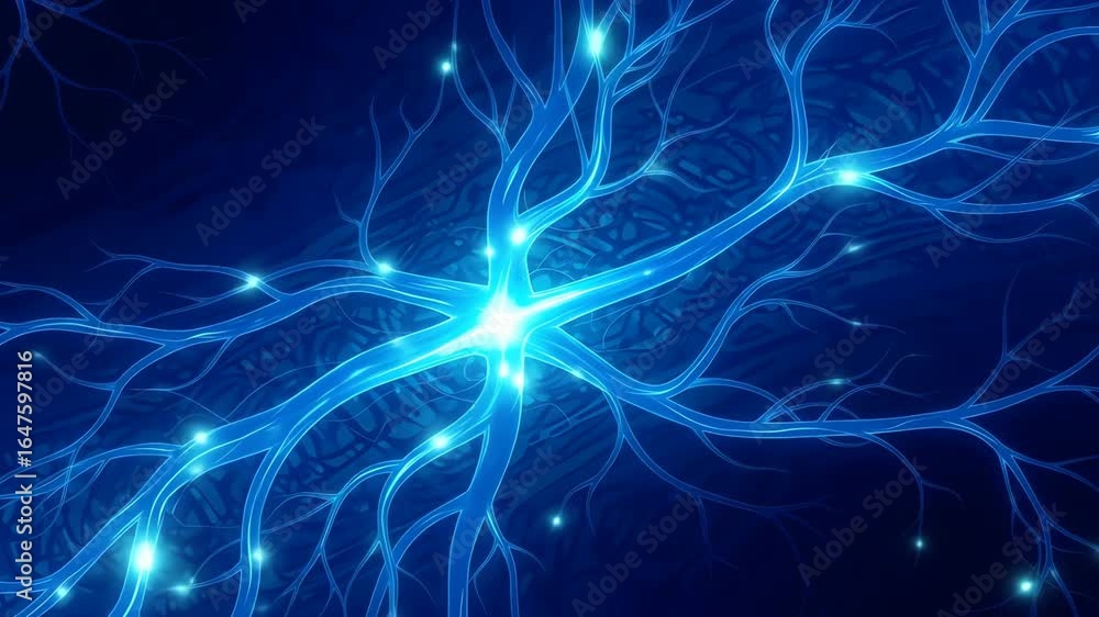 Poster a blue neural network with glowing nodes on a dark background