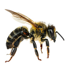 Close-up image of a honeybee showing detailed wings, fuzzy thorax, segmented body, and antennae in sharp focus