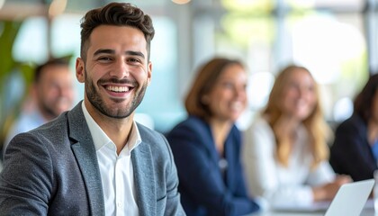 Realistic medium-shot from waist up of a happy young businessman attending a meeting with his team, natural skin tones, professional attire, smiling and engaged expression, vibrant colors, bright indo