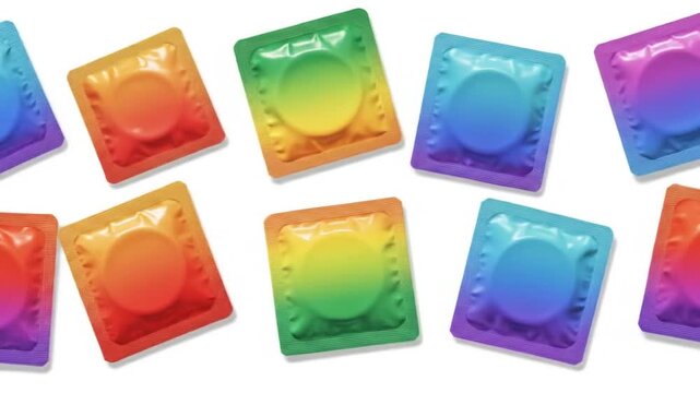 Arrangement of several rainbow colored condoms on a white surface, close up view