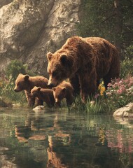 A mother bear and her cubs are standing by a river