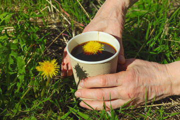 Trendy herbal dandelion coffee in a paper takeaway cup held in hands on green grass