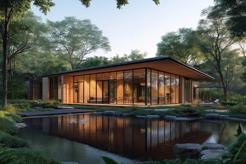 Obraz premium Elegant passivhaus with glass walls and wooden accents, nestled in lush greenery by a pond, perfect for eco-friendly living and commercial design projects