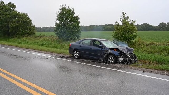Wrecked car resting after an accident alongside road in bad weather. Car accident demonstrates consequences of reckless driving and impact damage to vehicle body.