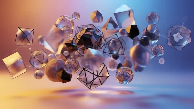 Abstract 3D rendering of geometric shapes spheres and wireframes