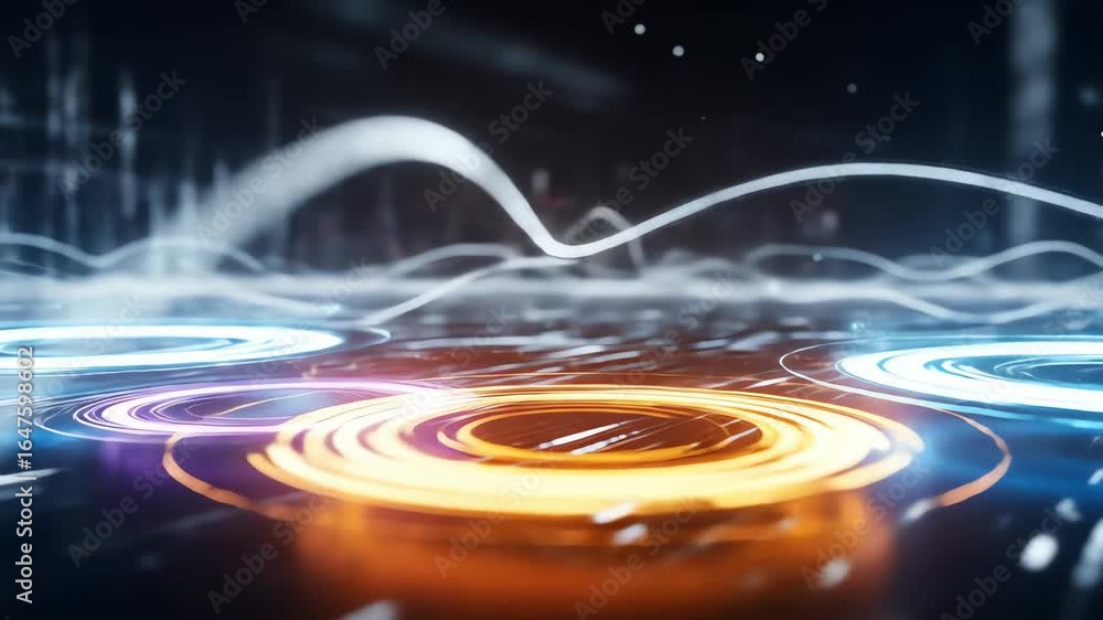 Poster abstract background with glowing light trails and concentric circles
