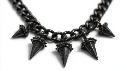 Black spiked necklace with large metal chain on white background  
