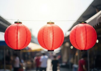 Fototapeta premium Red Chinese Lanterns Hanging in Asian Market Street