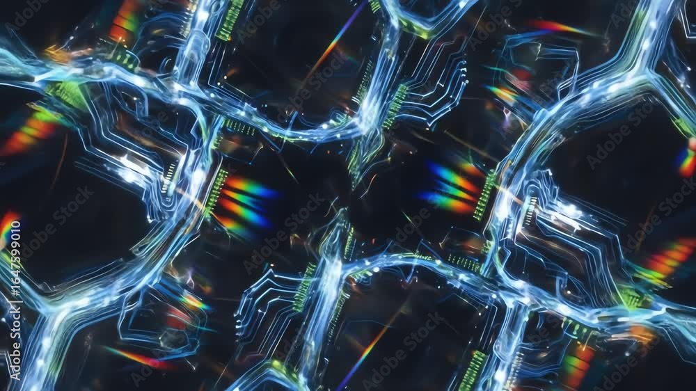 Poster abstract circuitry with light refractions and rainbow patterns