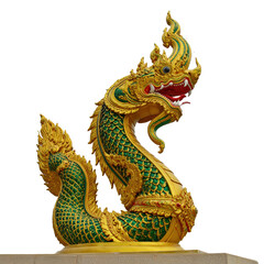 A vibrant statue of a mythical serpent with intricate gold and green scales, fierce eyes, and an open mouth showing sharp teeth and a red tongue