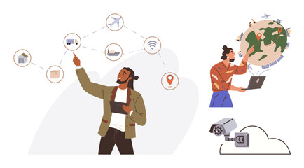 Man pointing at connected logistic icons, woman with laptop analyzing globe data, cloud security camera. Ideal for technology, logistics, IoT, smart cities, data management, global trade innovation