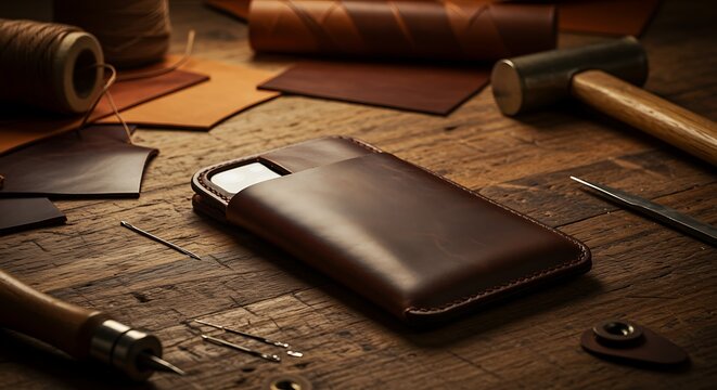 Handmade leather wallet and various crafting tools arranged on a rustic wooden table in a workshop