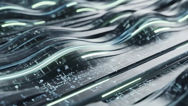 Abstract depiction of flowing metallic waves with glowing neon light accents
