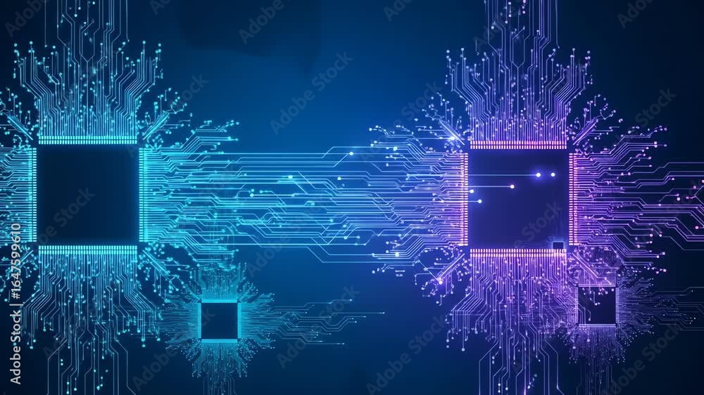 Poster abstract digital circuit board with glowing nodes and lines