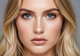 Beautiful young woman with glamorous makeup, a bold red lip, and a stylish hairstyle poses for a close-up studio portrait